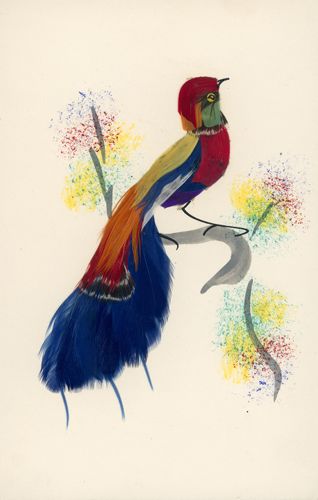 A colorful painted peacock sitting on a branch with a hint of colorful leaves on cream colored paper.