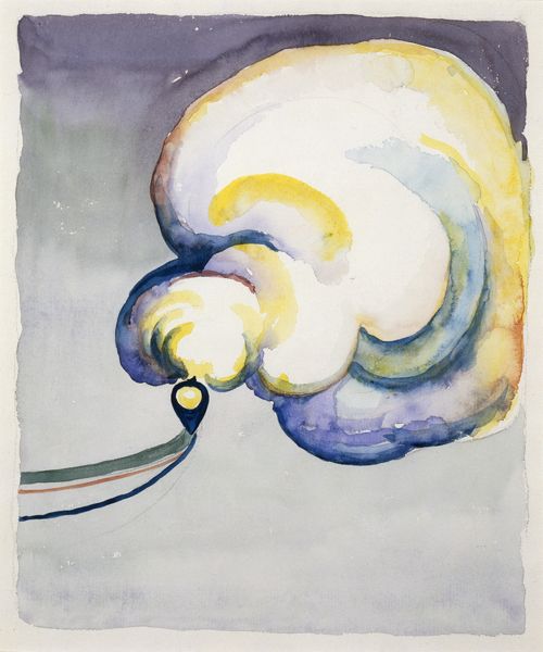 Watercolor. Clouds of white smoke highlighted with lemon yellow and shaded with delphinium blue billow out of an upside-down teardrop shape that could be a train on a track in this abstracted composition. The cloud takes up most of the top two-thirds of the vertical sheet. The teardrop shape, or train, is dark blue and has a yellow circle, presumably a headlight, is just to our left of center. Three lines emanate from the point of the train and extend to our left. One band is olive green, one is rust orange, and the third is royal blue. Washes of watercolor around the train and cloud lightens from violet across the top to pale slate blue along the bottom edge.