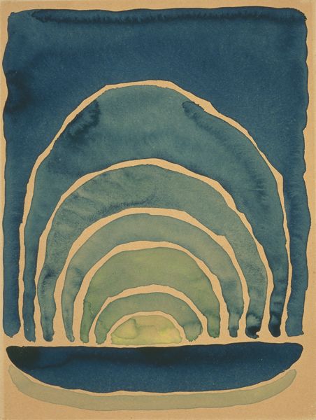 Watercolor. Washes in shades of blue and green create a curving, rainbow-like form against the beige of the paper in this vertical sheet. A band of sapphire blue across the bottom has a rounded bottom to create a long, cup-like form. A pale, honeydew-green band curves beneath it. Over the blue form, a light green mound creates the interior of the curving bands that then extend up like a rainbow. The bands deepen from pale green to sage, and then deeper, jewel-toned blues as they rise to the top of the sheet. A field of aquamarine-blue fills in the squared top of the sheet. The bands do not touch so the beige of the sheet shows through. Each band is mottled where the watercolor has feathered and pooled.