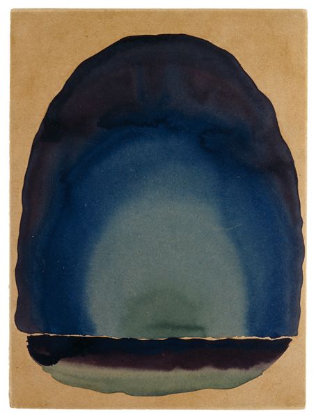 Watercolor. Here, the arching form of blended bands deepens from pale turquoise at the center to azure blue and then muted plum purple, again on beige-colored paper. The cup-like band across the bottom fades from royal blue to eggplant brown, then mint green. The blue and purple swirl together, especially across the top of the rounded form at the top of the page.