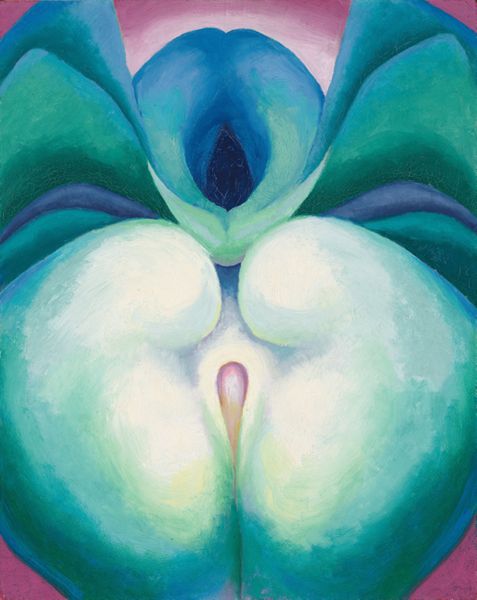 Painting. Rounded forms in cool mint and laurel green, topaz, and cobalt blue flare outward from a dark blue teardrop shape near the top center of this composition and envelop an inverted teardrop shape, in mauve pink, below the first. The rounded, flaring forms extend off all four sides of the composition. The dark blue teardrop is surrounded by a wide ring of aquamarine blue around the top that lightens to seafoam green below. Bands flare out and up, creating peaks to either side of this ring in the same jewel-toned greens and blues. Two larger forms swell out surround the pink teardrop below. A vertical line extends from the lower teardrop to the bottom edge of the painting, splitting the two forms there. Those forms have smaller lobes above the teardrop and are wider below, like bottom-heavy kidney beans. The areas closest to the pink teardrop are frosty green, darkening to spruce and teal green at the edges. Along the top of the composition, the background deepens from shell pink near the flower to dusky-rose pink at the edge. Darker pink fills in the lower corners. Brushstrokes are visible in some areas and more blended in others.
