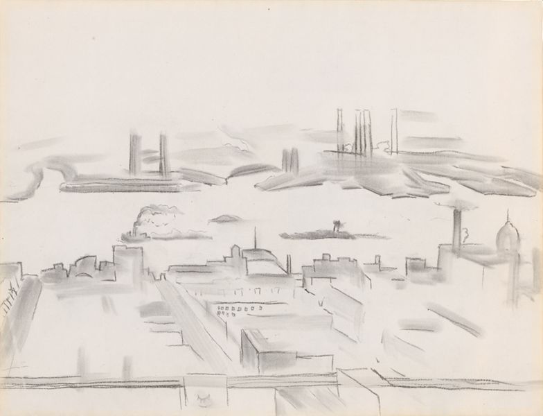 This work illustrates the industrial landscape surrounding the East River. The river, on which a boat is visible, bisects the scene horizontally. In the foreground, several buildings line the various streets that lead to the river bank. On the opposite side of the river, smokestacks rise above factories.