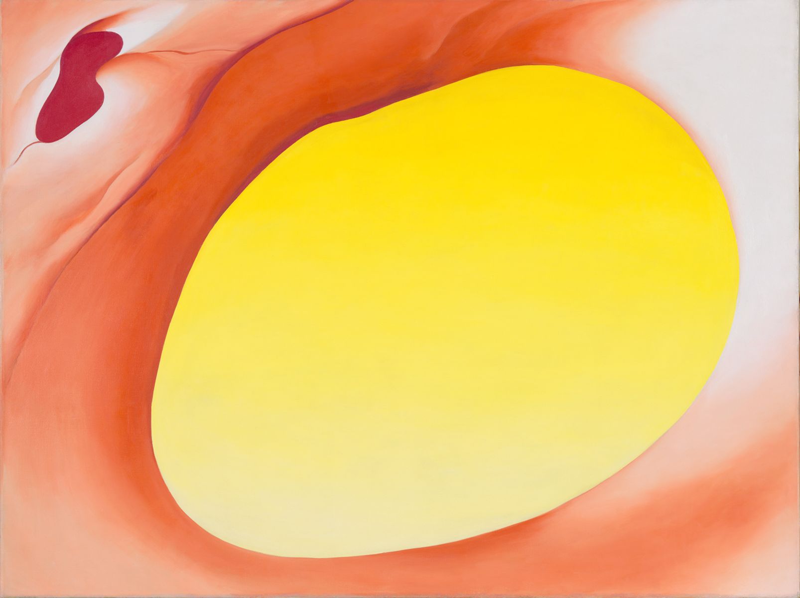 Painting. A vibrant yellow, egg-shaped form is surrounded in bands of apricot and saffron orange. The egg tips up and to our right. Along the top, left, and bottom edges, it seems cushioned into a field of a darker orange, which is painted with blended strokes to give it a soft look. The orange fades to white at the top right corner and down the right side. In the top left corner, a magenta-pink, bean-shaped form is nestled into a lighter peach area. Two lines of deep pink stretch from the bean form, like blood vessels.
